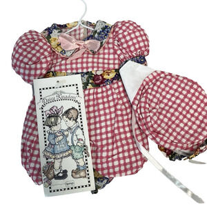 Daisy Kingdom Doll Dress Romper w/ Hat 12" Pink Plaid Blue Floral Vintage